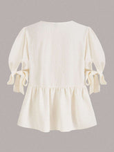Tie Front Ruffle Hem Puff Sleeve Peplum Blouse